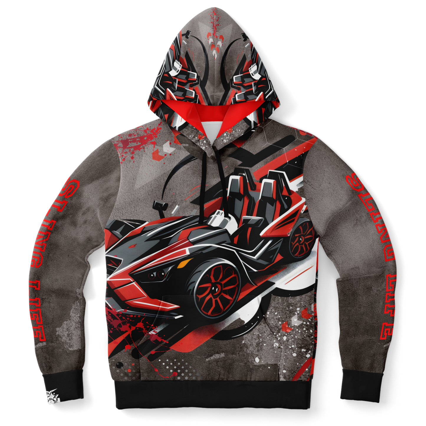 Black & Red Slingshot in Motion Hoodie - AOP - Sling Life Fans