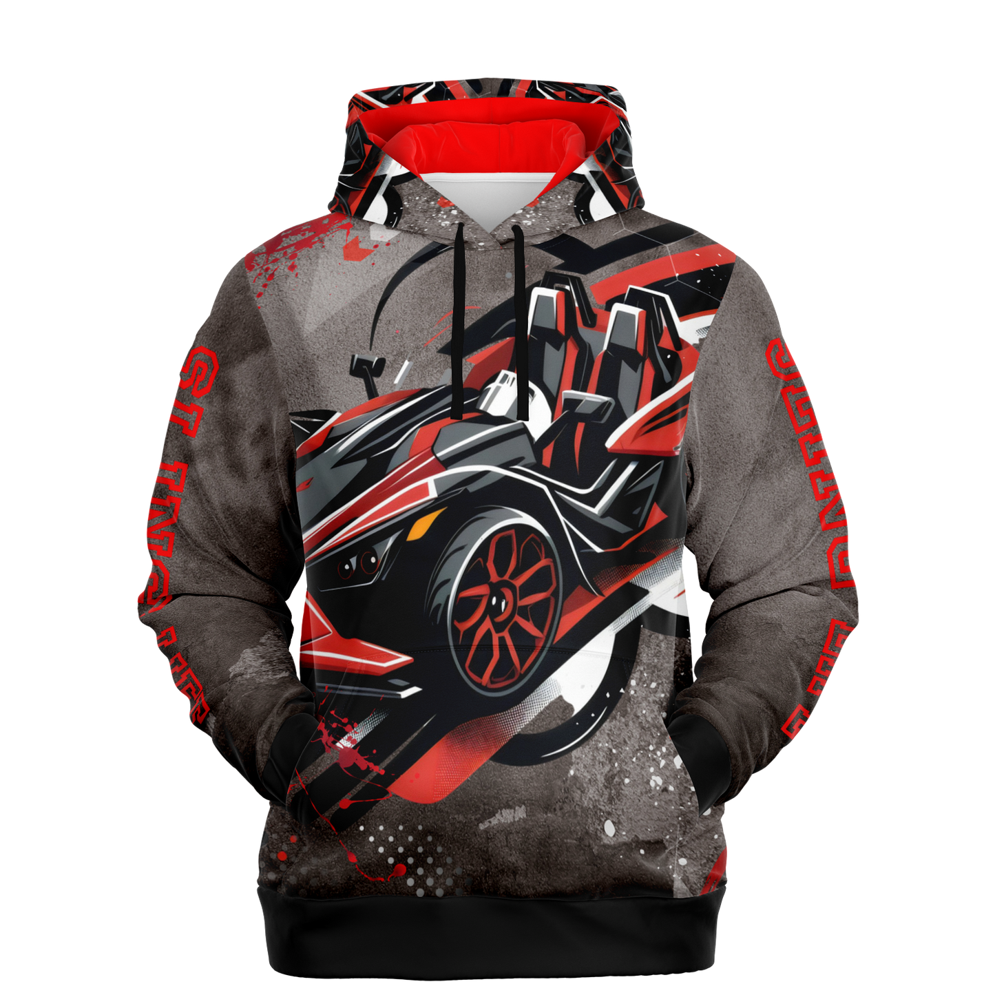Black & Red Slingshot in Motion Hoodie - AOP - Sling Life Fans