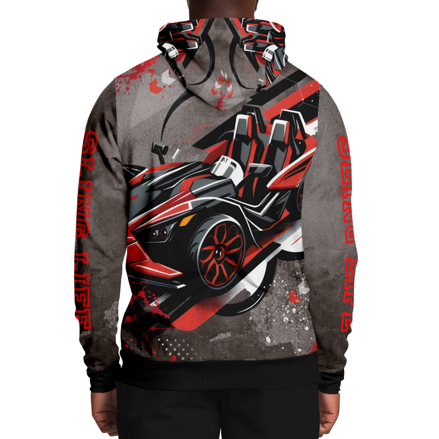 Black & Red Slingshot in Motion Hoodie - AOP - Sling Life Fans