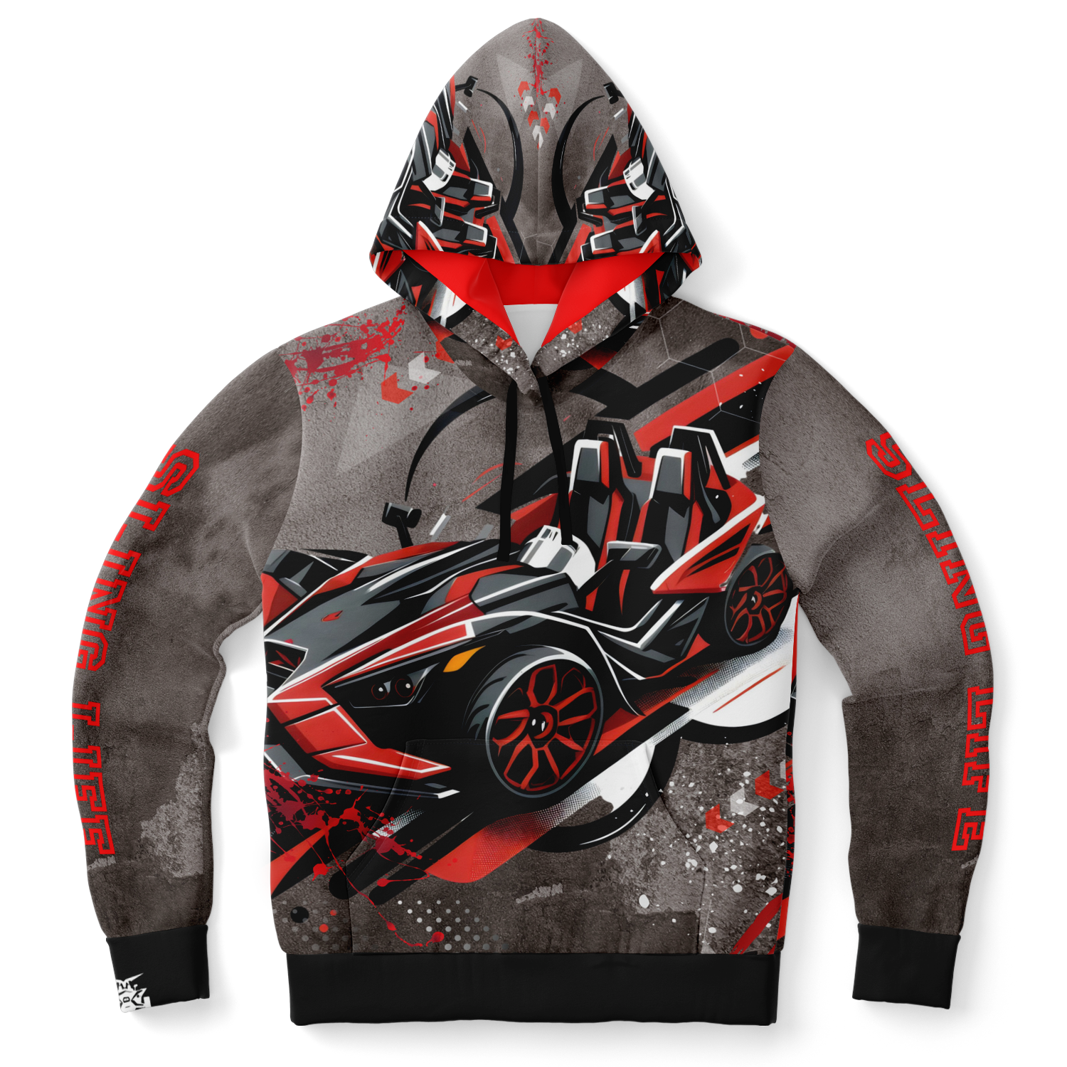 Black & Red Slingshot in Motion Hoodie - AOP - Sling Life Fans
